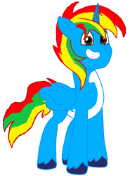 Size: 800x1024 | Tagged: safe, artist:shieldwingarmorofgod, oc, oc only, oc:shield wing, alicorn, pony, g5, my little pony: tell your tale, alicorn oc, base used, feathered wings, folded wings, full body, grin, horn, male, simple background, smiling, solo, stallion, tail, unshorn fetlocks, white background, wings