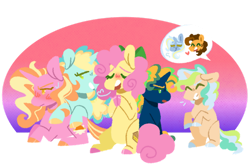 Size: 1280x855 | Tagged: safe, artist:joburii, cheese sandwich, li'l cheese, luster dawn, trixie, oc, oc:lunar moth, oc:sugar shake, oc:taffy pop, earth pony, pony, unicorn, g4, the last problem, female, horn, lying down, mare, older, prone, unicorn oc