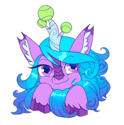 Size: 1837x1850 | Tagged: safe, artist:saphypone, izzy moonbow, kirin, g5, ball, bust, horn, hornball, izzy's tennis ball, kirin-ified, portrait, simple background, smiling, solo, species swap, tennis ball, white background