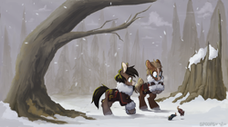 Size: 2598x1452 | Tagged: safe, alternate version, artist:miaowwww, artist:spoopygander, oc, oc:brumble, oc:socks, earth pony, mouse, pony, yakutian horse, bag, bald face, blaze (coat marking), clothes, coat markings, collaboration, cute, duo, earth pony oc, facial markings, female, forest, mare, saddle bag, snow, snowfall, standing on two hooves, unshorn fetlocks