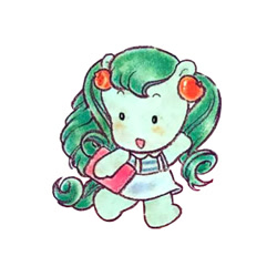 Size: 350x350 | Tagged: safe, kuru kuru, earth pony, pony, g1, official, apple, bipedal, blushing, book, clothes, curly hair, cute, food, green hair, hair accessory, pigtails, shirt, simple background, skirt, solo, suspenders, takara pony, walking, waving, white background