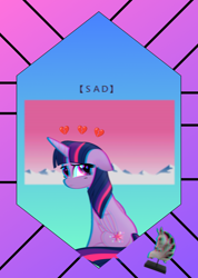 Size: 800x1122 | Tagged: safe, artist:dirtyker, twilight sparkle, alicorn, pony, g4, my little pony: the movie, floppy ears, sad, solo, twilight sparkle (alicorn), vaporwave