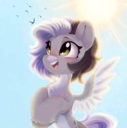 Size: 1189x1200 | Tagged: safe, artist:melodylibris, oc, oc only, pegasus, pony, blushing, cute, female, mare, ocbetes, open mouth, open smile, smiling, solo, spread wings, sun, sunlight, wings