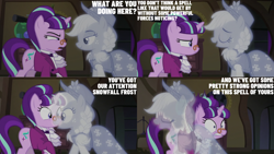 Size: 1280x720 | Tagged: safe, edit, edited screencap, editor:quoterific, screencap, applejack, snowfall frost, spirit of hearth's warming past, starlight glimmer, earth pony, pony, unicorn, a hearth's warming tail, g4, season 6, clothes, duo, eyes closed, female, frock coat, jabot, mare, open mouth, open smile, shirt, shrunken pupils, smiling, text