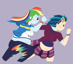 Size: 1800x1596 | Tagged: safe, artist:necrofeline, indigo zap, rainbow dash, human, series:the big run, equestria girls, g4, my little pony equestria girls: friendship games, belly, belly blush, belly expansion, bracelet, breasts, busty rainbow dash, chubby, clothes, duo, duo female, ear piercing, earring, fat, female, goggles on head, grin, growth, indigo zapped, jewelry, lavender background, piercing, pudgy, rainblob dash, sequence, simple background, smiling, stomach noise, wardrobe malfunction, weight gain, weight gain sequence