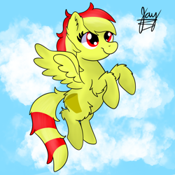 Size: 2048x2048 | Tagged: safe, artist:jay_wackal, oc, oc only, oc:marmalade, pegasus, pony, cloud, flying, high res, pegasus oc, raised hoof