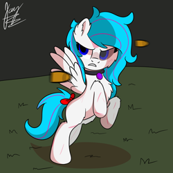 Size: 2048x2048 | Tagged: safe, artist:jay_wackal, oc, oc only, pegasus, pony, bow, bullet, choker, fight, hair bow, high res, pegasus oc, pegasus wings, shooting, wings