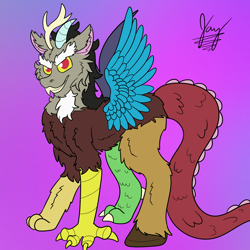 Size: 2048x2048 | Tagged: safe, artist:jay_wackal, discord, draconequus, g4, all fours, chaos, chest fluff, dragon tail, ear fluff, high res, hooves, horns, male, purple background, quadrupedal, simple background, solo, spread wings, tail, talons, wings