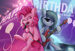 Size: 3094x2089 | Tagged: safe, artist:zeepheru, marble pie, pinkie pie, earth pony, pony, g4, bass guitar, bipedal, chest fluff, duo, duo female, ear fluff, eyes closed, female, high res, lights, mare, microphone, musical instrument, singing, smiling, spotlight