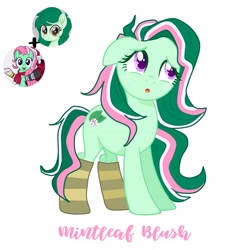 Size: 3245x3464 | Tagged: safe, artist:mint-light, artist:vernorexia, minty, wallflower blush, oc, oc:mintleaf blush, earth pony, pony, g3, g4, base used, clothes, colored eyelashes, colored pupils, floppy ears, freckles, fusion, fusion:minty, fusion:wallflower blush, g3 to g4, generation leap, green coat, green mane, high res, long mane, mismatched socks, multicolored mane, open mouth, pink mane, purple eyes, show accurate, simple background, socks, solo, striped socks, that pony sure does love socks, white background, worried
