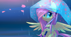 Size: 2400x1256 | Tagged: safe, artist:meekcheep, fluttershy, pegasus, pony, g4, cute, female, hoof hold, mare, rain, shyabetes, solo, spread wings, sweet dreams fuel, umbrella, water, wings