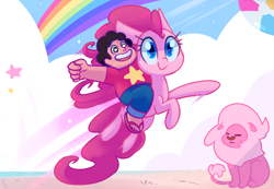 Size: 4550x3150 | Tagged: safe, artist:meekcheep, pinkie pie, big cat, earth pony, gem (race), human, hybrid, lion, pony, g4, beach, beach ball, clothes, crossover, eyes closed, female, humans riding ponies, lion (steven universe), male, mare, rainbow, riding, sand, sandals, steven quartz universe, steven universe, trio, xk-class end-of-the-world scenario
