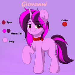 Size: 1280x1280 | Tagged: safe, artist:joaothejohn, oc, oc only, oc:giovanni, pony, unicorn, collar, commission, cute, full body, horn, looking at you, raised hoof, red collar, reference sheet, simple background, smiling, smiling at you, solo, standing, unicorn oc