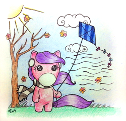 Size: 2260x2176 | Tagged: safe, artist:emfen, pinky, earth pony, pony, g1, autumn, bipedal, clothes, cloud, earmuffs, finger, high res, kite, kite flying, leaves, outdoors, pink coat, purple hair, scarf, solo, striped scarf, sun, takara pony, traditional art, tree, wind, windswept mane