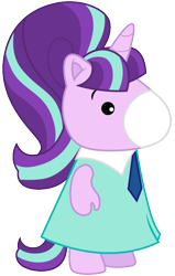 Size: 406x639 | Tagged: safe, artist:cloudy glow, starlight glimmer, pony, unicorn, g1, g4, bangs, bipedal, chibi, clothes, cute, dress, finger, g4 to g1, g4 to takara, generation leap, glimmerbetes, japanese, necktie, ponytail, simple background, solo, takara pony, transparent background