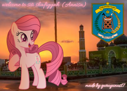 Size: 1710x1231 | Tagged: safe, artist:muhammad yunus, oc, oc only, oc:annisa trihapsari, earth pony, pony, base used, female, indonesia, irl, mare, medibang paint, open mouth, photo, ponies in real life, raised hoof, signature, smiling, solo, sunset