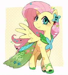 Size: 1968x2184 | Tagged: safe, artist:fuyugi, fluttershy, pegasus, pony, abstract background, blushing, clothes, cute, dress, female, gala dress, looking at you, mare, shyabetes, smiling, smiling at you, solo, spread wings, wings