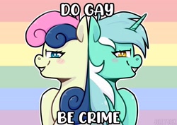 Size: 4093x2894 | Tagged: safe, artist:jellysketch, bon bon, lyra heartstrings, sweetie drops, earth pony, pony, unicorn, g4, back to back, be gay do crimes, bedroom eyes, blushing, do gay be crimes, duo, duo female, female, gay pride flag, grin, high res, lesbian, mare, meme, pride, pride flag, ship:lyrabon, shipping, signature, smiling