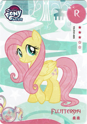 Size: 731x1032 | Tagged: safe, fluttershy, pegasus, pony, g4, official, card, cloudsdale, female, kayou, mare, merchandise, my little pony logo, scan, solo, text, trading card