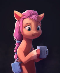 Size: 2825x3449 | Tagged: safe, artist:inkhooves, sunny starscout, earth pony, pony, g5, black background, female, high res, holding, mare, mug, simple background, solo, unshorn fetlocks