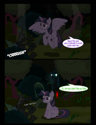 Size: 1042x1358 | Tagged: safe, artist:dendoctor, mean twilight sparkle, queen chrysalis, alicorn, changeling, pony, comic:clone.., g4, alternate universe, clone, comic, exclamation point, female, tree, twilight sparkle (alicorn)