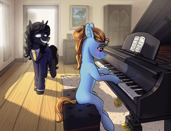 Size: 3238x2484 | Tagged: safe, artist:helmie-art, oc, oc only, earth pony, pony, unicorn, clothes, high res, musical instrument, piano, sitting, suit