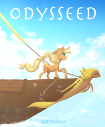 Size: 562x675 | Tagged: safe, artist:shaslan, applejack, earth pony, pony, fanfic:odysseed, g4, cloud, cover art, fanfic art, ocean, sailing, ship, sky, solo, sunlight, water