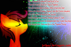 Size: 1600x1067 | Tagged: safe, artist:lerkoto, scootaloo, pegasus, pony, fanfic:pegasus device, fanfic:rainbow factory, g4, absentia, black background, blood, blood splatter, eyes closed, fanfic art, female, filly, foal, frown, liquid rainbow, long neck, messy mane, pegasus device, pegasus device song, rainbow blood, simple background, solo, spectra, text