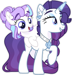 Size: 1906x1980 | Tagged: safe, artist:rickysocks, rarity, sweetie belle, pony, unicorn, g4, alternate design, base used, duo, ear piercing, eyebrows, eyebrows visible through hair, horn, horn cap, horn jewelry, jewelry, piercing, ponies riding ponies, raised hoof, riding, simple background, transparent background