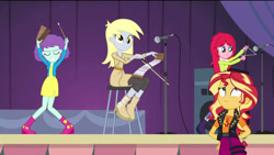 Size: 1920x1080 | Tagged: safe, artist:bigpurplemuppet99, blueberry pie, derpy hooves, raspberry fluff, sunset shimmer, human, equestria girls, g4, my little pony equestria girls: rainbow rocks, bell, cowbell, microphone, microphone stand, musical instrument, musical saw, speaker, the muffins, triangle