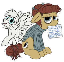 Size: 714x693 | Tagged: safe, artist:thebathwaterhero, oc, oc only, oc:cellophane, oc:lavender, earth pony, pegasus, pony, adopted offspring, clothes, duo, earth pony oc, female, filly, foal, mare, mother and child, mother and daughter, mouth hold, pegasus oc, sign, sweater