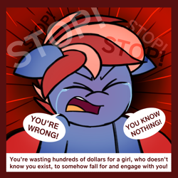 Size: 1200x1200 | Tagged: safe, artist:thebadbadger, oc, oc only, oc:hot pop, oc:phire demon, earth pony, pony, crying, text
