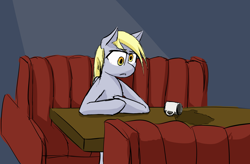 Size: 3296x2160 | Tagged: safe, artist:hovel, derpy hooves, pegasus, pony, g4, eyebrows, eyebrows visible through hair, female, high res, mare, meme, missing identity, mug, restaurant, simple background, sitting, sketch, solo, spill, spongebob squarepants