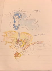 Size: 1497x2048 | Tagged: safe, artist:tiga mega, daybreaker, nightmare moon, alicorn, pony, g4, bust, duo, duo female, female, horn, lined paper, mare, text, traditional art, wings