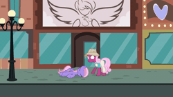 Size: 800x450 | Tagged: safe, artist:agrol, happy khaki, oc, earth pony, pegasus, pony, animation:the god of ponies, animated, duo, duo female, eyes closed, female, gif, hat, looking at someone, loop, lying down, mare, on side, outdoors, standing, streetlight