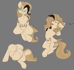 Size: 1585x1482 | Tagged: safe, artist:beardie, oc, oc only, oc:hyra glyph, earth pony, pony, chest fluff, crossed legs, female, flexible, hips, mare, simple background, solo, tattoo, womb tattoo