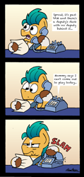 Size: 1024x2151 | Tagged: safe, artist:bobthedalek, hitch trailblazer, earth pony, pony, g5, spoiler:g5, 3 panel comic, comic, grounded, hitch trailblazer is not amused, implied sprout cloverleaf, inconvenient sprout, male, mommy, phone, sprout is a goddamn moron, stallion, unamused