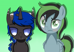 Size: 700x493 | Tagged: safe, artist:chip16, oc, oc:bluey, oc:weo, changeling, pegasus, pony, blue changeling, stare