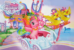 Size: 734x501 | Tagged: safe, rarity (g3), bird, pony, unicorn, g3, official, the runaway rainbow, arms in the air, bipedal, boat, building, cart, chariot, cotton candy cafe, jewelry, ocean, path, princess, princess rarity, riding, scepter, shop, solo, tiara, water
