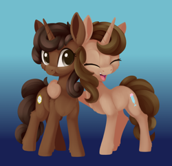 Size: 2732x2630 | Tagged: safe, artist:dusthiel, oc, oc only, oc:buttercup shake, oc:noza, pony, unicorn, duo, female, gradient background, high res, hug, mare