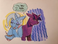 Size: 640x480 | Tagged: safe, artist:combustionbunny, trixie, twilight sparkle, pony, unicorn, g4, bracelet, divorce, duo, ear fluff, ears back, implied lesbian, implied shipping, implied twixie, jewelry, shipping denied, traditional art, wat