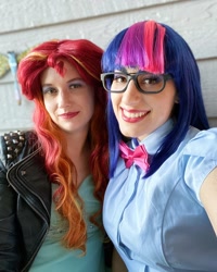 Size: 1080x1350 | Tagged: safe, artist:briannacherrycosplay, sunset shimmer, twilight sparkle, human, equestria girls, g4, clothes, cosplay, costume, duo, glasses, irl, irl human, photo