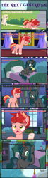 Size: 1877x6867 | Tagged: safe, artist:shootingstarsentry, oc, oc only, oc:nightshade (digimonlover101), oc:opulence, oc:star curve, changepony, hybrid, pony, unicorn, comic:the next generation, book, bookshelf, comic, cupcake, female, food, interspecies offspring, mare, offspring, parent:king sombra, parent:prince blueblood, parent:queen chrysalis, parent:starlight glimmer, parent:sunburst, parents:chrysombra, parents:starburst