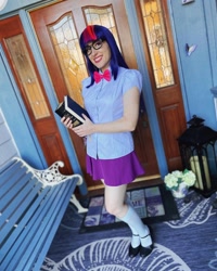 Size: 1080x1350 | Tagged: safe, artist:briannacherrycosplay, twilight sparkle, human, equestria girls, g4, book, clothes, cosplay, costume, glasses, irl, irl human, photo, shoes, socks, solo