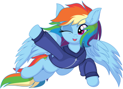Size: 7831x5709 | Tagged: safe, artist:cyanlightning, rainbow dash, pegasus, pony, g4, .svg available, absurd resolution, clothes, female, flying, hoodie, looking down, mare, one eye closed, simple background, smiling, solo, spread wings, transparent background, vector, waving, wings