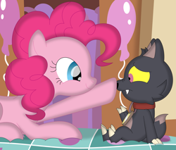 Size: 3539x3014 | Tagged: safe, artist:porygon2z, pinkie pie, earth pony, pony, titan, g4, boop, collar, crossover, cute, duo, duo male and female, female, high res, hilarious in hindsight, king clawthorne, male, mare, movie accurate, pet tag, the owl house, unmasked