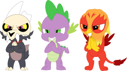 Size: 3560x2002 | Tagged: safe, artist:porygon2z, spike, oc, oc:heatwave, dragon, griffon, titan, g4, bipedal, broken horn, collar, crossover, evil smile, griffon oc, grin, hands together, high res, horn, king clawthorne, male, pet tag, porygon2z's trio, show accurate, simple background, skull, smiling, spread wings, the owl house, transparent background, trio, trio male, wings