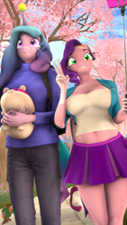 Size: 2160x3840 | Tagged: safe, artist:donglysfm, izzy moonbow, pipp petals, pegasus, unicorn, anthro, g4, g5, 3d, :p, backpack, ball, belly button, breasts, busty izzy moonbow, busty pipp petals, cellphone, chubby, clothes, coat markings, cute, g5 to g4, generation leap, high heels, high res, horn, horn impalement, hornball, iphone, izzy's tennis ball, izzybetes, jeans, jewelry, midriff, mlem, nail polish, pants, peace sign, phone, pipp is short, plushie, revamped anthros, selfie stick, shoes, silly, skirt, smartphone, socks (coat markings), source filmmaker, sweater, tennis ball, tiara, tongue out