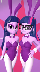 Size: 900x1600 | Tagged: safe, artist:oatmeal!, sci-twi, twilight sparkle, human, equestria girls, g4, 3d, bowtie, breasts, bunny ears, bunny suit, busty sci-twi, busty twilight sparkle, cleavage, clothes, crossed legs, cuffs (clothes), cutie mark, cutie mark background, duo, duo female, female, glasses, gmod, grin, hand on hip, leotard, looking at you, pantyhose, playboy bunny, purple leotard, sexy, smiling, twilight sparkle (alicorn), twilight's leotard, twolight