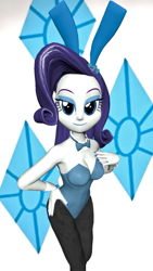 Size: 900x1600 | Tagged: safe, artist:oatmeal!, rarity, human, equestria girls, g4, 3d, bowtie, breasts, bunny ears, bunny suit, busty rarity, cleavage, clothes, cuffs (clothes), cutie mark, cutie mark background, easter, easter bunny, gmod, hand on hip, holiday, legs together, leotard, looking at you, nail polish, pantyhose, playboy bunny, sexy, simple background, smiling, solo